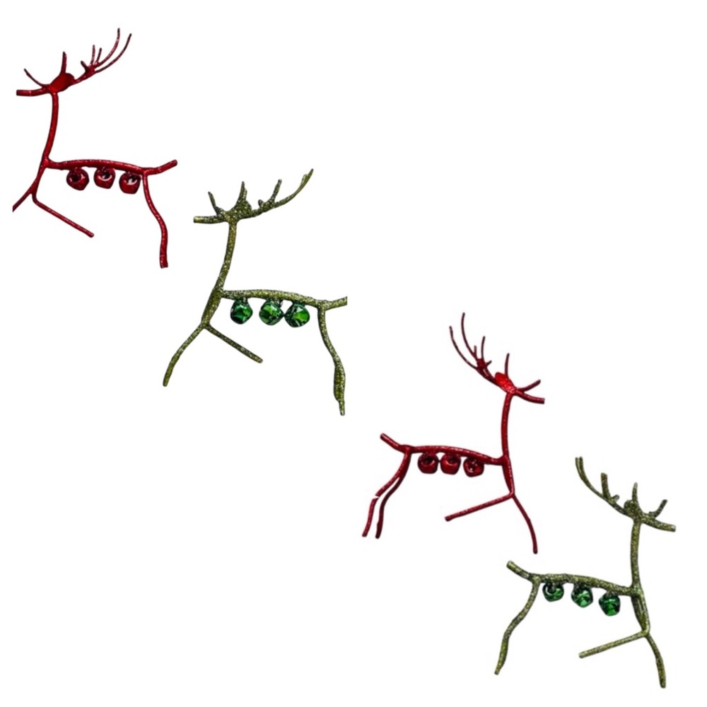 Set of 4 Bloomingdale's Red and Green Sparkle and Glitter Reindeer Ornaments